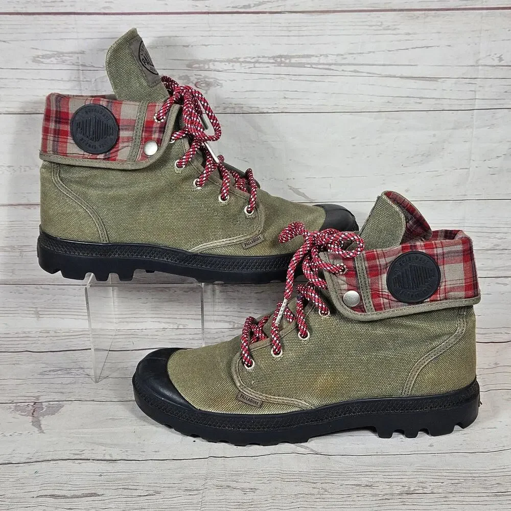 Palladium Boots Men's Olive Green US 10.5 Canvas Plaid Fold-Over Fashion